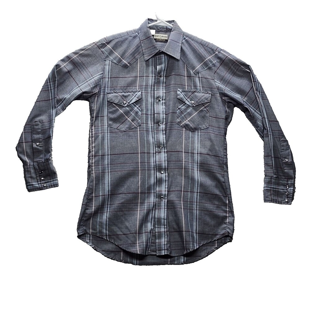 Karman Gold Collection Men's Long Sleeve Pearl Snap Shirt Gray Plaid Sz 15.5  33